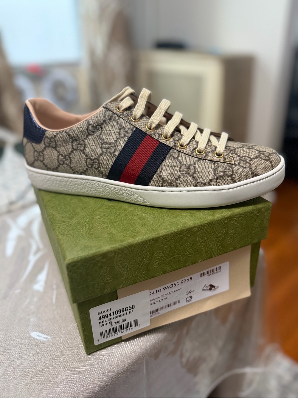 Gucci Beige GG Supreme Canvas Sneakers with Red & Navy Web